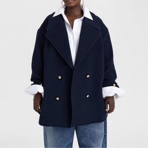 KBB by KahlaNa Women's Navy Blue Double-Breasted Pea Coat Gold Buttons Size L